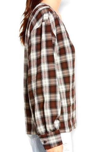 Treasure & Bond  Plaid V Neck Button Up Long Sleeved Red White & Brown Boho Shirt