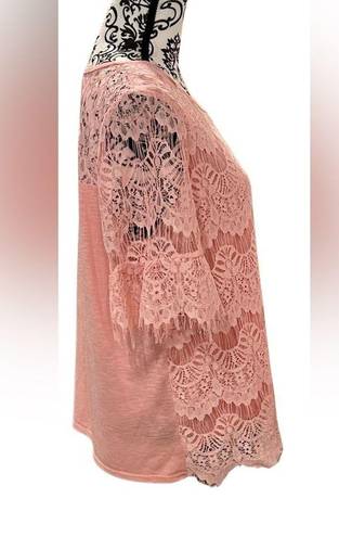 Absolutely Famous  💓LADIES XL💓PINK LACE TOP TUNIC SHORT SLEEVED SEMI SHEER