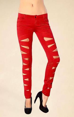 Tripp NYC  Z-Cut Strappy Skinny Jeans In Red