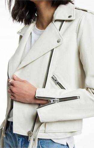 All Saints Leather Biker Balfern Belted Hem Zip Up Long Sleeve Jacket Ivory 10