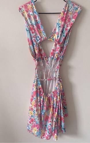 J'Adore Halter Deep V Mini Dress in Blue/Pink Watercolor Floral Size L