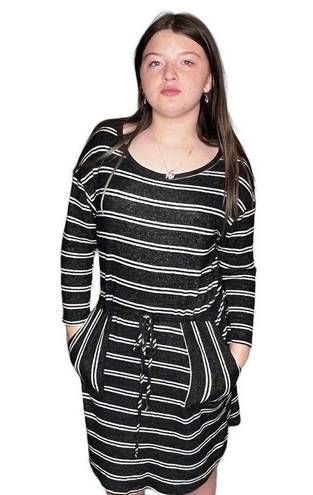 Moa Moa  SWEATER DRESS Womens SM Black White Striped Knit Pockets Tie Waist Belt