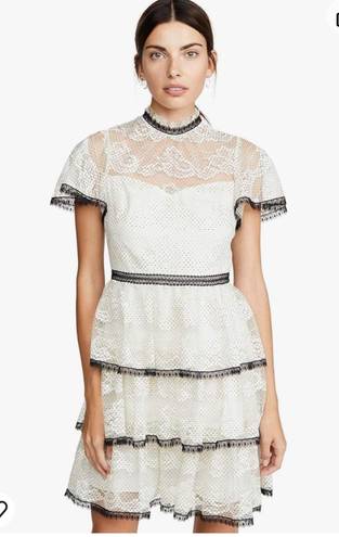 Shoshanna Stacia Lace Tiered Polka Dot Knee Length High Neck Black trim on neck/sleeve/bottom Hidden back zipper A flutter sleeve ballet lace fit-and-flare mini dress with ruffle detail below the waist ivory cream Kentucky Derby mock sheer layer