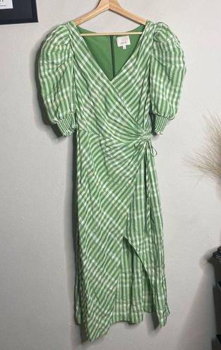 Cinq à Sept Cinq A Sept Dress Gia Plaid Puff Sleeve Green Midi Dress Size 6