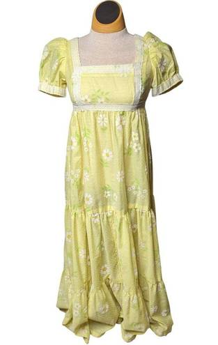 Daisy Vtg 1960s Pale Yellow  Floral Dot Textured Puff Sleeve Maxi Prairie Dress 2