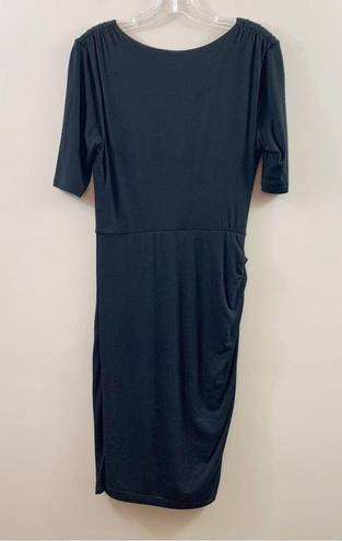 Bordeaux  Jersey Knit Ruched Faux Wrap Black Dress