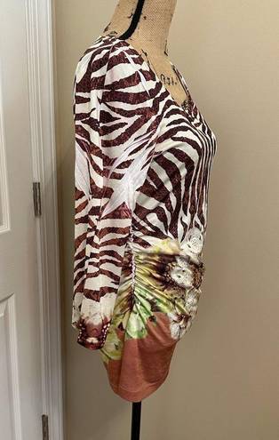 Cache White Brown Animal Stripe Floral Beaded Ruched Y2K Jersey Size Large