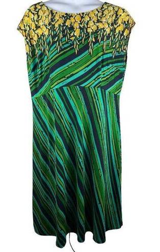 Bob Mackie  Green Yellow Floral Short Sleeve Pullover Stretchy 1x Dress