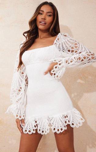 Pretty Little Thing White Lace Sleeve Shirred Bodycon Dress