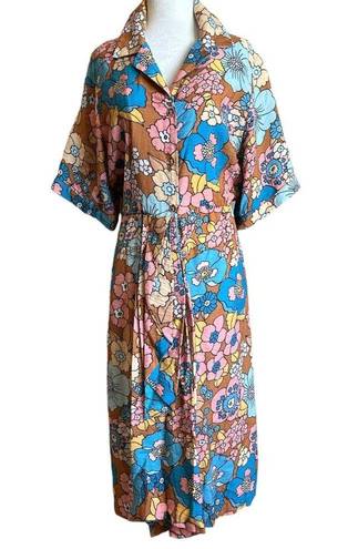 The Bar Dodo Or Printed Nancy Dress in Orange & Blue Medium Womens Midi Retro Floral