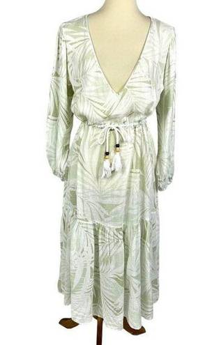 Cynthia Rowley Green Linen Blend Kaftan Midi Dress Cover Up Tropical Beach Small