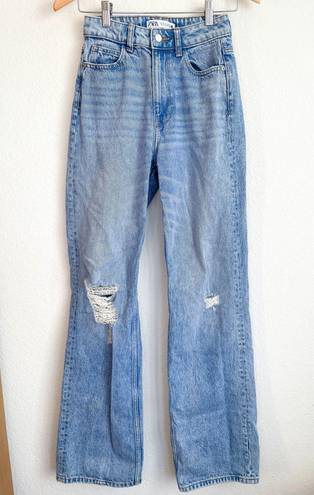 ZARA  Medium Blue Distressed Wide Straight Leg Jeans 