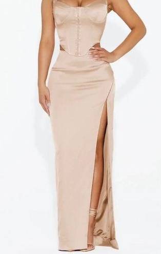 Naked Wardrobe NWOT  Satin Cream The High Gloss Slit Skirt