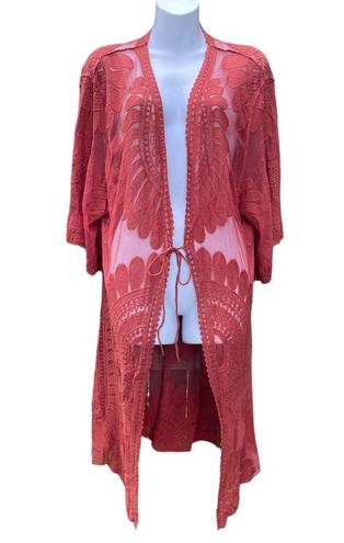 Style Apparel Rust lace/ sheer kimono duster Red