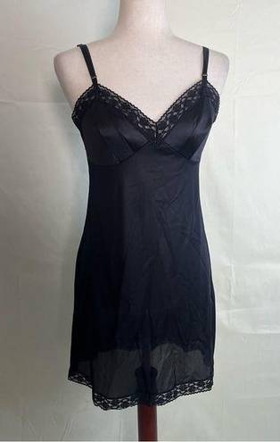 Vintage 80s 90s Black Satin Nightgown Slip Dress Lace Trim Mini Pinup Girl Small