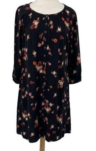 J.Jill  Floral Button Down Dress Smocked Neck Floral Printed Mini Black Womens MP