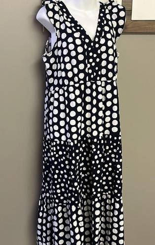 Loft  Navy White Polka Dot V-Neck Ruffled Flowy MIDI Dress- Medium