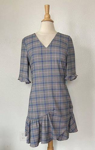 CeCe Plaid V-Neck Half Sleeve Flounce Dress