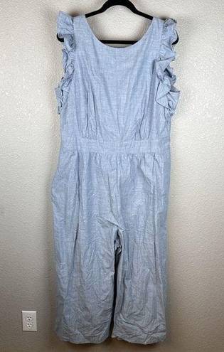 Nordstrom  1901 Womens Ruffle Sleeve Crop Jumpsuit 18 Plus Blue Chambray Pockets