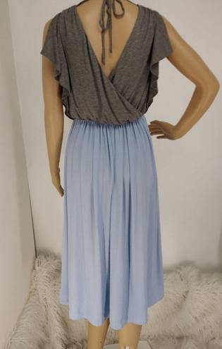 The Loft "" GRAY & LIGHT BLUE SATIN SKIRT SURPLICE BACK BLOUSON DRESS SIZE: S NWT $80