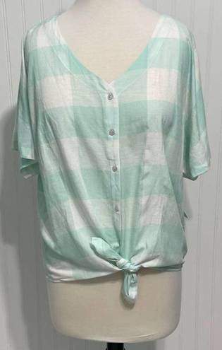 Style & Co . Gingham Tie Front Short Sleeve Button Up Linen Top Mint White Medium