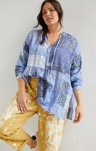 Pilcro  Anthropologie Tiered Tunic Blouse Patchwork Blue Sz XL | Western Cowgirl