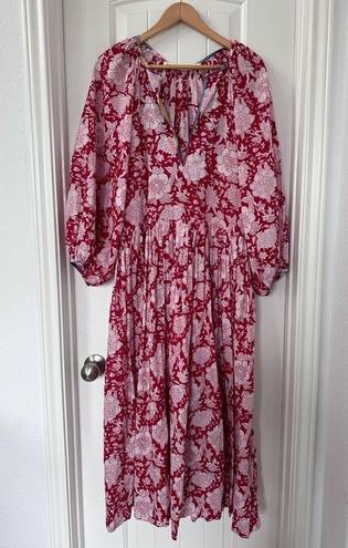 Ruby Alix of Bohemia Tuesday  Dress Red Floral Cotton Midi Dress Boho Size M