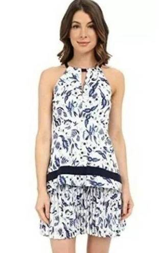 Shoshanna  Georgian White Blue Floral High Neck Sleeveless Shift Dress Women's 8