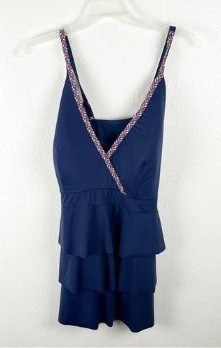 Cacique  Swim Navy Blue Ruffles Adjustable Straps Built In Bra Tankini, Size 28