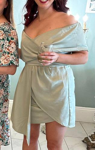 Lulus Sage Green Satin Off-the-Shoulder Mini Dress