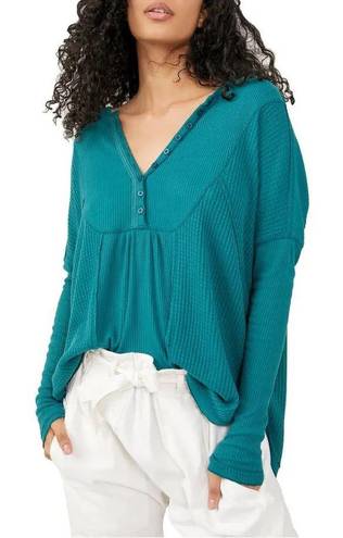 Free People Teal Leo Henley Long Sleeve Button Oversized Knit Top- Size Medium