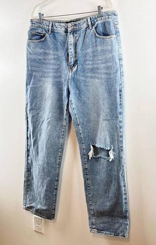 Pretty Little Thing  Plus Open Knee Long Leg Straight Leg Jean Light Blue Wash 14