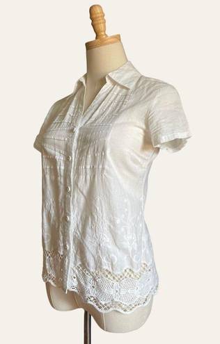 August Silk Y2K White Cotton Crochet Coquette Button Down Short Sleeve Top