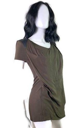 DKNY Pure  Lambskin Leather Blouse Green Black Short Sleeve Top Women Size S‎