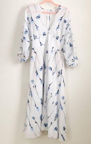 NWT Rare!! Lela Rose White Blue Floral Voile Full Sleeve V neck Midi Dress 10