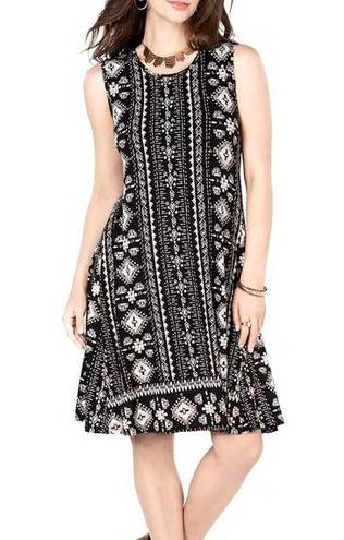 Style & Co A Line Swing Dress Black Cream Batik Print Women’s Large VGC