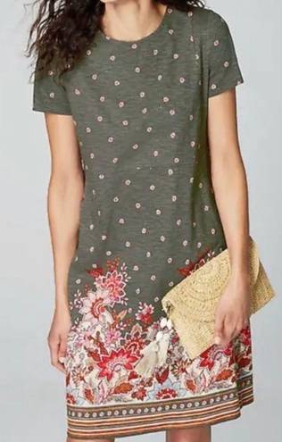 J.Jill  Caraway Floral Crew Neck Sheath Style T Shirt Dress * Gray Red * Medium