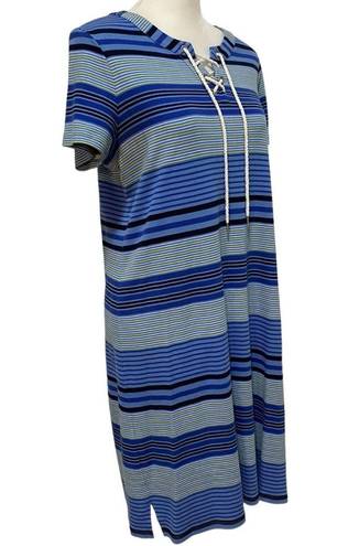 Talbots Shirt Dress Summer Cotton Knit Size Medium Blue Nautical Stripe