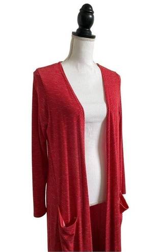 LuLaRoe  Sarah Duster Style Full Length Cardigan Red White Micro Stripe Medium