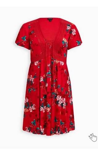 Torrid  Red Floral Gauze Lace Up Skater Dress Sz.2