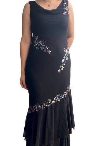 Alex Evenings Vintage long black cowl neck sequin flower embroidered formal evening maxi dress