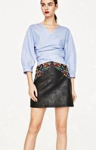 FOR THE REPUBLIC Womens  Black with Floral Embroidery Faux Leather Skirt - Sz 8