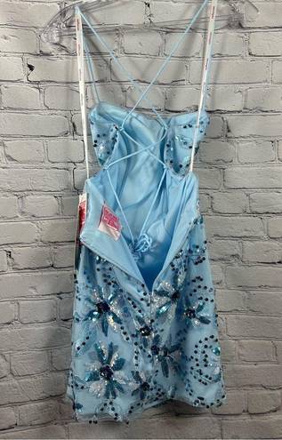 PromGirl  Rated PG Backless Sequin Short Prom Dress Floral Ice Blue 6 NWT