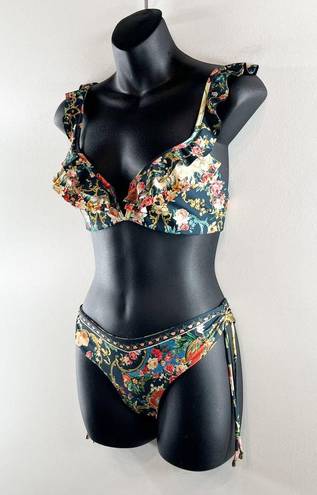 Agua Bendita  Malena Sweetheart Ruffle Two Piece Floral Bikini Green Large