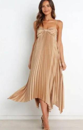 Petal and Pup  Vikki Gold Satin Pleated Asymmetrical Hem Midi Dress 10