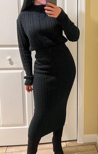 Two Pieces Set Knit Crop Top Long Skirt Sweater Blouse Turtleneck Maxi Skirt Slim Fit Loose Top Tee Black