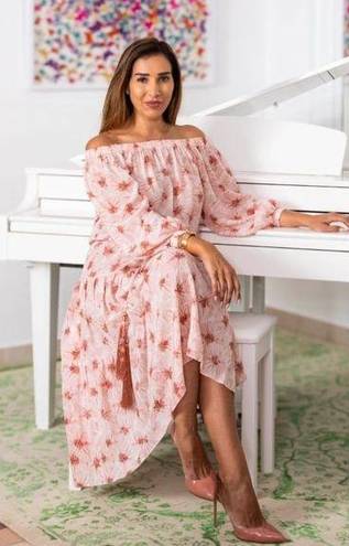 Alexis  Tilia Off the Shoulder Floral Print Tiered Midi Dress Tassel Tie Pink
