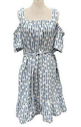 Isaac Mizrahi  TRUE DENIM Stripe & Dot Cold Shoulder Dress DARK INDIGO Size 16