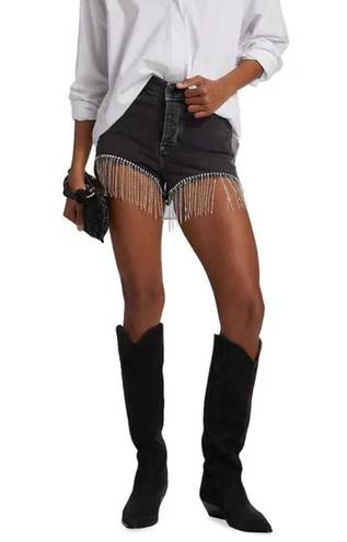 Good American  The Bombshell Denim Short Black Size 8 Cutoff Rhinestone Fringe