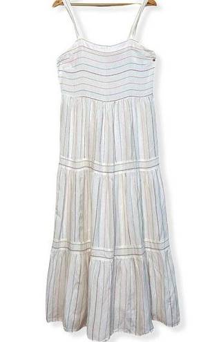 Loft White Tiered Linen Blend Maxi Dress Womens Colorful Striped Boho